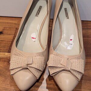 BCBGeneration Nude Tan Leather Stacked Wedges